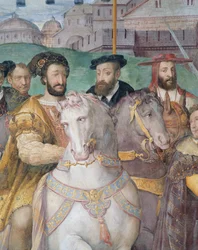 Detalje af kejser Karl V, Frans I og Alessandro Farneseses højtidelige indtog i Paris i 1540, fra Sala dei Fasti Farnese, 1557-66